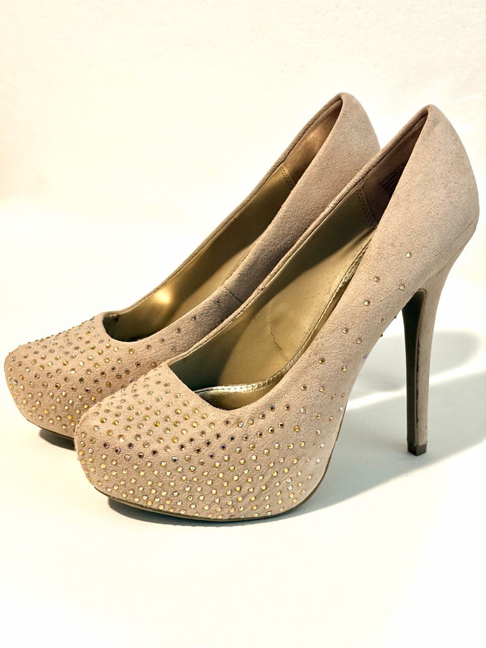 Brash Beige Suede High Heel Pumps with Gold Stud Accents